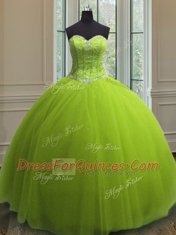 Yellow Green Sleeveless Floor Length Beading and Sequins Lace Up Quince Ball Gowns