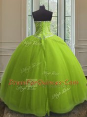 Yellow Green Sleeveless Floor Length Beading and Sequins Lace Up Quince Ball Gowns