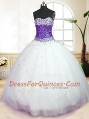 Modern White And Purple Tulle Lace Up Sweetheart Sleeveless Floor Length 15 Quinceanera Dress Beading