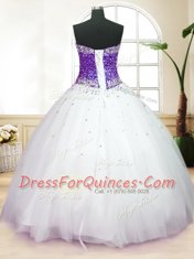 Modern White And Purple Tulle Lace Up Sweetheart Sleeveless Floor Length 15 Quinceanera Dress Beading