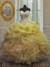Pick Ups Floor Length Ball Gowns Sleeveless Yellow Sweet 16 Dresses Lace Up
