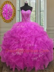 Fuchsia Ball Gowns Beading and Ruffles Quinceanera Dresses Lace Up Organza Sleeveless Floor Length