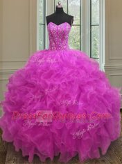 Fuchsia Ball Gowns Beading and Ruffles Quinceanera Dresses Lace Up Organza Sleeveless Floor Length