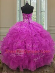Fuchsia Ball Gowns Beading and Ruffles Quinceanera Dresses Lace Up Organza Sleeveless Floor Length