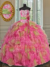 Simple Multi-color Ball Gowns Beading and Ruffles and Sequins Vestidos de Quinceanera Lace Up Organza Sleeveless Floor Length