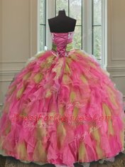 Simple Multi-color Ball Gowns Beading and Ruffles and Sequins Vestidos de Quinceanera Lace Up Organza Sleeveless Floor Length