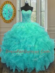 Aqua Blue Lace Up Sweetheart Beading and Ruffles Sweet 16 Dress Organza Sleeveless