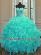 Aqua Blue Lace Up Sweetheart Beading and Ruffles Sweet 16 Dress Organza Sleeveless