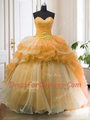 Luxurious Orange Quinceanera Gown Military Ball and Sweet 16 and Quinceanera and For with Beading and Ruffled Layers Sweetheart Sleeveless Sweep Train Lace Up