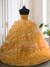 Luxurious Orange Quinceanera Gown Military Ball and Sweet 16 and Quinceanera and For with Beading and Ruffled Layers Sweetheart Sleeveless Sweep Train Lace Up