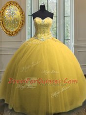 Vintage Floor Length Gold Sweet 16 Dress Tulle Sleeveless Beading and Sequins