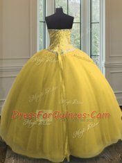 Vintage Floor Length Gold Sweet 16 Dress Tulle Sleeveless Beading and Sequins