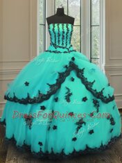 Turquoise Sleeveless Tulle Lace Up 15th Birthday Dress for Military Ball and Sweet 16 and Quinceanera