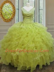 Glittering Yellow Green Sleeveless Floor Length Beading and Ruffles Zipper Quinceanera Gowns