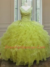 Glittering Yellow Green Sleeveless Floor Length Beading and Ruffles Zipper Quinceanera Gowns