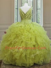 Glittering Yellow Green Sleeveless Floor Length Beading and Ruffles Zipper Quinceanera Gowns