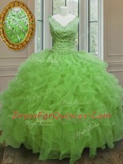 Ball Gowns V-neck Sleeveless Organza Floor Length Zipper Beading and Ruffles 15th Birthday Dress