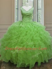Ball Gowns V-neck Sleeveless Organza Floor Length Zipper Beading and Ruffles 15th Birthday Dress