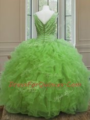 Ball Gowns V-neck Sleeveless Organza Floor Length Zipper Beading and Ruffles 15th Birthday Dress