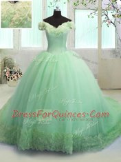 Eye-catching Ball Gowns Organza Off The Shoulder Short Sleeves Hand Made Flower With Train Lace Up Ball Gown Prom Dress Court Train