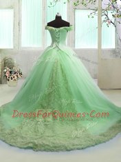 Eye-catching Ball Gowns Organza Off The Shoulder Short Sleeves Hand Made Flower With Train Lace Up Ball Gown Prom Dress Court Train