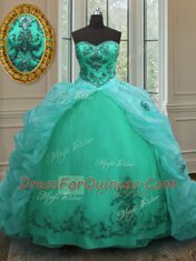 Affordable Turquoise Sweetheart Lace Up Beading and Appliques and Pick Ups Quinceanera Dresses Court Train Sleeveless