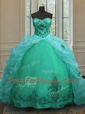 Affordable Turquoise Sweetheart Lace Up Beading and Appliques and Pick Ups Quinceanera Dresses Court Train Sleeveless