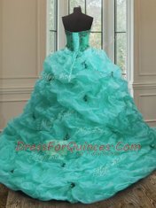 Affordable Turquoise Sweetheart Lace Up Beading and Appliques and Pick Ups Quinceanera Dresses Court Train Sleeveless