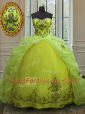 Yellow Green Sleeveless With Train Beading and Appliques and Pick Ups Lace Up Quinceanera Gown