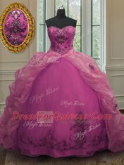Fuchsia Sleeveless Court Train Beading and Appliques and Pick Ups With Train Quinceanera Gowns