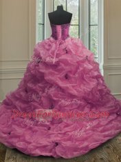Fuchsia Sleeveless Court Train Beading and Appliques and Pick Ups With Train Quinceanera Gowns