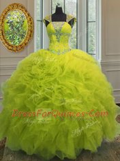 Beautiful Straps Cap Sleeves Quinceanera Gown Floor Length Beading and Ruffles and Sequins Yellow Green Organza