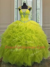 Beautiful Straps Cap Sleeves Quinceanera Gown Floor Length Beading and Ruffles and Sequins Yellow Green Organza