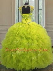 Beautiful Straps Cap Sleeves Quinceanera Gown Floor Length Beading and Ruffles and Sequins Yellow Green Organza