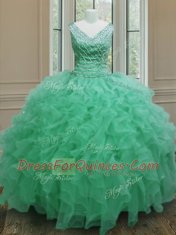 Custom Design Apple Green Organza Zipper V-neck Sleeveless Floor Length Quinceanera Dress Beading and Ruffles