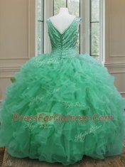 Custom Design Apple Green Organza Zipper V-neck Sleeveless Floor Length Quinceanera Dress Beading and Ruffles