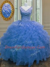 Fitting Blue Ball Gowns Organza V-neck Sleeveless Beading and Ruffles Floor Length Zipper Quinceanera Gowns