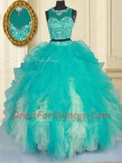 Fashionable Scoop Turquoise Sleeveless Beading and Ruffles Floor Length Sweet 16 Dresses