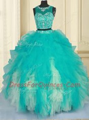 Fashionable Scoop Turquoise Sleeveless Beading and Ruffles Floor Length Sweet 16 Dresses