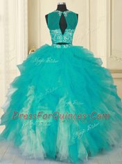 Fashionable Scoop Turquoise Sleeveless Beading and Ruffles Floor Length Sweet 16 Dresses