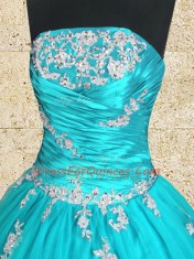 Aqua Blue Ball Gowns Strapless Sleeveless Tulle Floor Length Lace Up Appliques and Ruching Quinceanera Gown