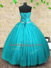Aqua Blue Ball Gowns Strapless Sleeveless Tulle Floor Length Lace Up Appliques and Ruching Quinceanera Gown