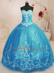 Attractive Baby Blue Sleeveless Floor Length Beading and Embroidery Lace Up Sweet 16 Dress