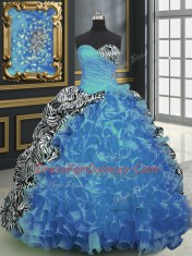 Printed Sleeveless With Train Beading and Ruffles and Pattern Lace Up Quinceanera Dress with Baby Blue Brush Train