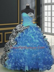 Printed Sleeveless With Train Beading and Ruffles and Pattern Lace Up Quinceanera Dress with Baby Blue Brush Train