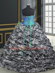 Printed Sleeveless With Train Beading and Ruffles and Pattern Lace Up Quinceanera Dress with Baby Blue Brush Train