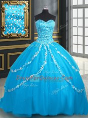 Stunning Baby Blue Sleeveless With Train Beading and Appliques Lace Up 15th Birthday Dress