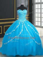 Stunning Baby Blue Sleeveless With Train Beading and Appliques Lace Up 15th Birthday Dress