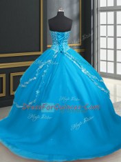 Stunning Baby Blue Sleeveless With Train Beading and Appliques Lace Up 15th Birthday Dress