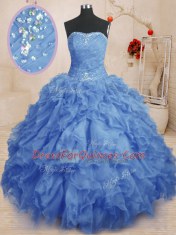 Custom Designed Blue Sleeveless Organza Lace Up Quince Ball Gowns for Military Ball and Sweet 16 and Quinceanera